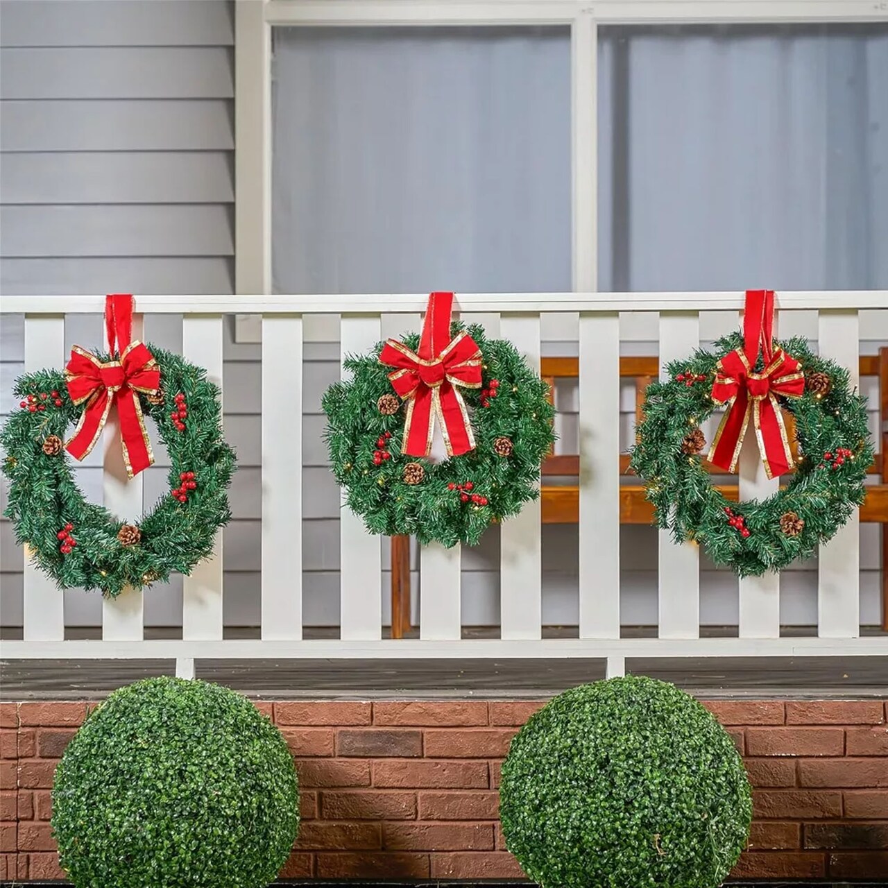 3 Pack Prelit Christmas Wreaths with Bow Battery Operated Indoor Outdoor Decorations 19"